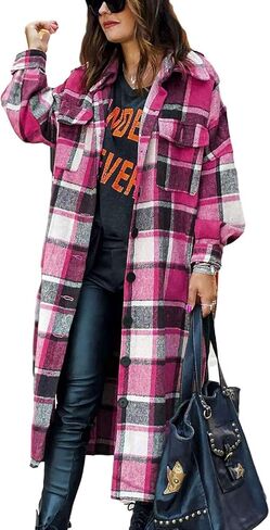 Omoone Women's Flannel Plaid Shacket Fall Oversized Long Button Down Shirt Jacket Shackets in Kuwait