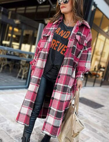 Omoone Women's Flannel Plaid Shacket Fall Oversized Long Button Down Shirt Jacket Shackets in Kuwait