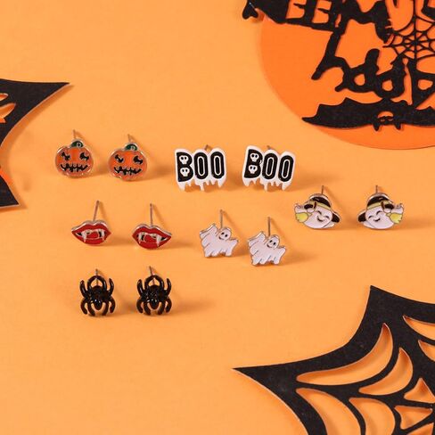 أقراط الهالوين للنساء، 20 زوجًا من مجوهرات الهالوين المضادة للحساسية، مجموعة لطيفة على شكل قرع الخفافيش والهيكل العظمي الرعب شبح العنكبوت الساحرة قرط قطة سوداء للفتيات مضحكة حلق متدلي للهالوين in Kuwait