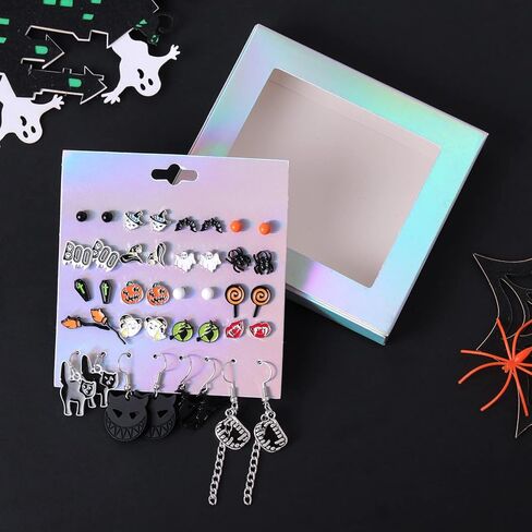 أقراط الهالوين للنساء، 20 زوجًا من مجوهرات الهالوين المضادة للحساسية، مجموعة لطيفة على شكل قرع الخفافيش والهيكل العظمي الرعب شبح العنكبوت الساحرة قرط قطة سوداء للفتيات مضحكة حلق متدلي للهالوين in Kuwait