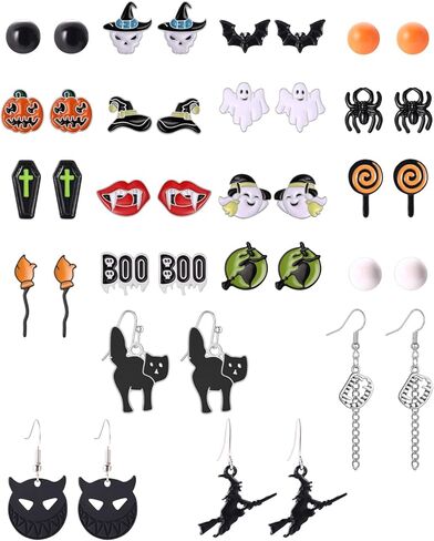أقراط الهالوين للنساء، 20 زوجًا من مجوهرات الهالوين المضادة للحساسية، مجموعة لطيفة على شكل قرع الخفافيش والهيكل العظمي الرعب شبح العنكبوت الساحرة قرط قطة سوداء للفتيات مضحكة حلق متدلي للهالوين in Kuwait