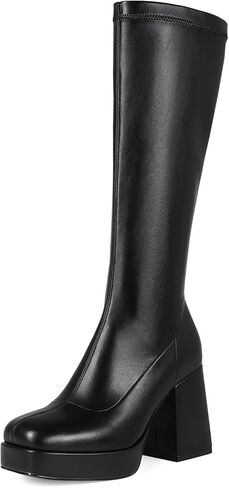 Platform Knee High Boots for Women Block Chunky High Heel Boot Square Toe Long Boots Women’s Elastic Stretchy Boots in Kuwait