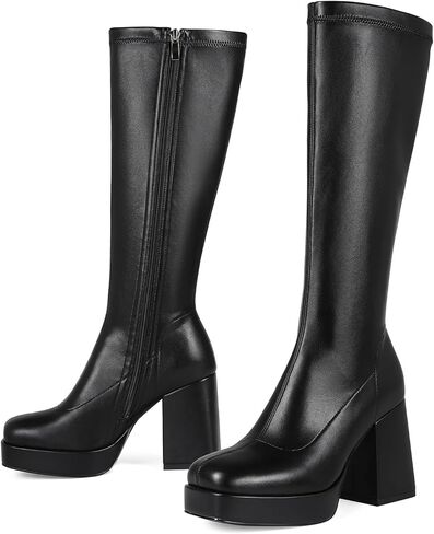 Platform Knee High Boots for Women Block Chunky High Heel Boot Square Toe Long Boots Women’s Elastic Stretchy Boots in Kuwait