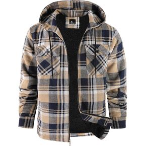 V VALANCH Men's Flannel Shirt Jacket with Hood Fleece Lined Plaid Jacket Zip Up Winter Warm Coat