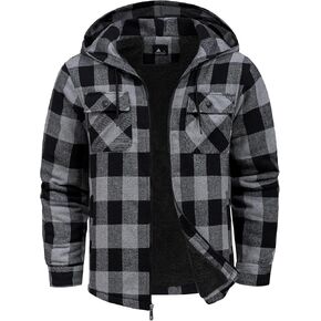 V VALANCH Men's Flannel Shirt Jacket with Hood Fleece Lined Plaid Jacket Zip Up Winter Warm Coat
