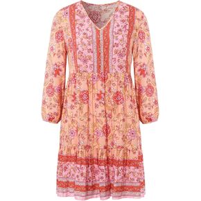 Women's Bohemian Dress Long Sleeve Ruffled Floral Print Casual V Neck Short Dress