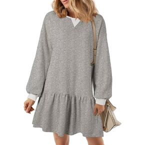 BLENCOT Womens 2024 Fall Long Sleeve Pullover Tops Crewneck Rib Knit Patchwork Sweatshirt Dress Casual Mini Dresses