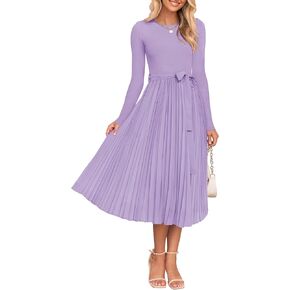 ZESICA Women's Fall Long Sleeve Midi Dress Casual Crewneck Knit Belted Pleated A Line Flowy Sweater Dresses