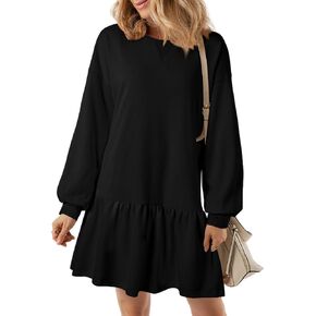 BLENCOT Womens 2024 Fall Long Sleeve Pullover Tops Crewneck Rib Knit Patchwork Sweatshirt Dress Casual Mini Dresses