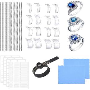 Ring Sizer Adjuster for Loose Rings, 187 Piece Ring Size Adjuster Set, w/16 Plug-in Invisible Ring Adjuster, 12 Spiral Silicone Tightener Set,Fit Any Rings,156 EVA Stickers w/Ring Size Measuring Tool