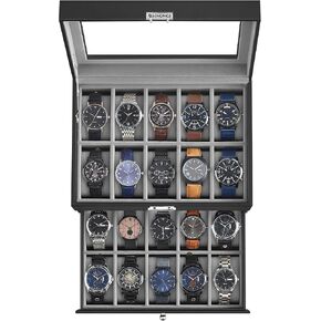 SONGMICS 20-Slot Watch Box, Watch Case with Glass Lid, 2 Layers, Lockable Watch Display Case, Black Synthetic Leather, Wine Red Lining UJWB020R01