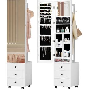 IRONCK Jewelry Cabinet with 3 Drawers, Lockable Standing Jewelry Armoire Organizer with Garment Rack, Full Length Mirror with Jewelry Storage and 4 Wheels for Bedroom, Cloakroom, White