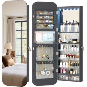 Vlsrka 47.2" LED Mirror Jewelry Cabinet Wall Mounted or Door Hanging, Rounded Corner Jewelry Armoire Organizer, Lockable Full Length Mirror with Storage, Interior Mirror & Makeup Shelf (White)