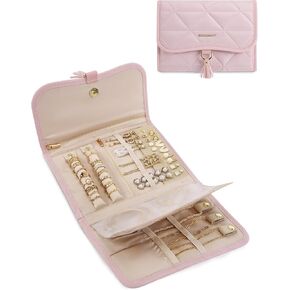 BAGSMART Travel Jewelry Case Organizer, Roll Foldable Jewelry Case for Journey-Rings, Necklaces, Earrings, Bracelets, Brooches, Portable Travel Essentials, Pink