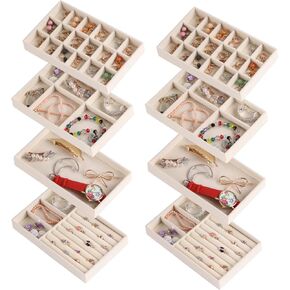 Jewelry Organizer Tray,Stackable Velvet Jewelry Trays,Set of 8 Drawer Inserts Earring Organizer For Women Girls Jewelry Storage Display Case for Rings Stud Necklaces