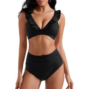 RXRXCOCO Women High Waisted Bikini Sets Ruffle Tummy Control Two Piece Swimsuit V Neck Bathing Suit