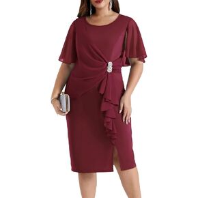 Hanna Nikole Womens Plus Size Chiffon Cape Sleeve Ruffle Ruched Cocktail Party Pencil Dress for Wedding Guest