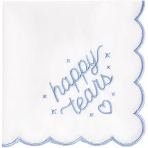 xo, Fetti White Happy Tears Embroidered Handkerchief | 10"x10" | Wedding Party Accessory, Bridesmaid Gift, Bridal Tissue, Napkin, Embroidered Something Blue Kleenex