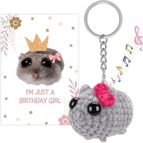 Tiktok Sad Hamster Meme Bow Keychain with Sound Adorable Hand-Knitted Sad Hamster Plush with Gift Card for Women Girls Birthday