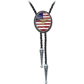 BRBAM Vintage Style American Flag Bolo Tie US National Flag and Gold Plated Animal Pendant Leather Necktie for Men