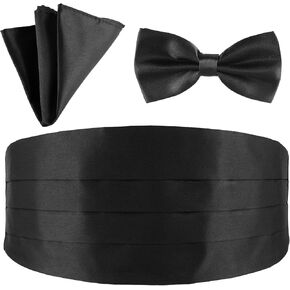Men's Cummerbund Bow Tie Set Adjustable Solid Color Tuxedo Cummerbund and Bow Tie Pocket Squares for Bar Party Wedding Special Occassions(Black)