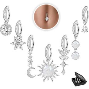 7Pcs 14G Clicker Belly Button Rings Dangle Belly Rings for Women Surgical Steel Hoop Belly Button Ring Butterfly Moon CZ Opal Flower Belly Button Piercing Jewelry