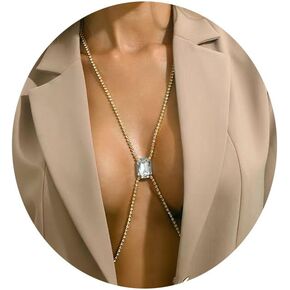 Gold Sexy Body Chains for Women, Big Rhinestone Personality Crossover Body Jewelry for Women