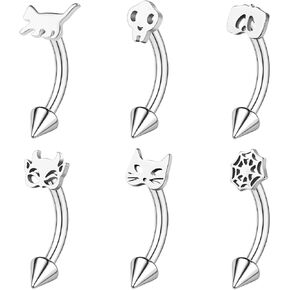 ZS 6Pcs Halloween Eyebrow Rings, 16G Skull Stainless Steel Eyebrow Piercing, Spiderweb Pumpkin Belly Rings Bat Rook Earrings Internally Threaded Curved Barbell for Women