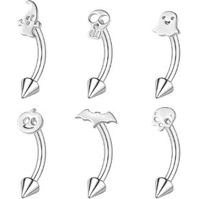 ZS 6Pcs 16G Skull Stainless Steel Eyebrow Piercing, Halloween Eyebrow Rings Spiderweb Pumpkin Belly Rings Bat Rook Earrings Internally Threaded Curved Barbell for Women