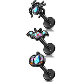 MeIighting 3PCS Black Helix Earrings 16G 8mm Bat Cartilage Earrings Internally Threaded Stainless Steel 316L Halloween Pumpkin Tragus Piercing Spider Flat Back Earring For Women