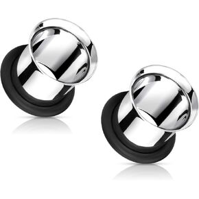 Pierced Owl 316L Stainless Steel Single Flare Tunnels with Black O-Rings, Sold as a Pair
