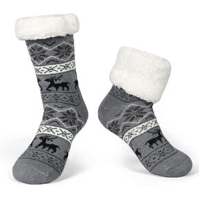 LEMZONE Men's Warm Cozy Slipper Socks Non Slip Winter Fuzzy Fleece Lining Cabin Sock with Grips