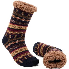 LEMZONE Men's Warm Cozy Slipper Socks Non Slip Winter Fuzzy Fleece Lining Cabin Sock with Grips