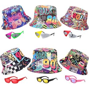 6 Pack Retro 80s 90s Bucket Hats for Men Women, 6 Pack Funny Party Sunglasses, Funny Party Hats Props Outfit for Disco Hip Hop 80s 90s Halloween Party, Outdoor Reversible Fashion Bucket Hats Pack