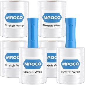 MROCO Stretch Wrap Film 6 Pack, Black Mini Shrink Wrap 5"x1000Ft x80 Gauge, Industrial Stretch Plastic Wrap with 2 Reusable Handles, for Moving Wrapping Plastic Roll & Pallet Wrap, Total 6000 Ft