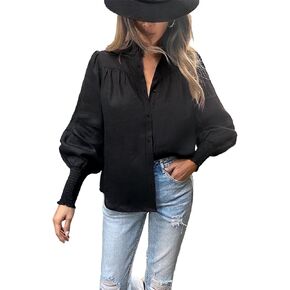 Lesore Womens Casual Button Down Crewneck Puff Long Sleeve Smocked Cuffs Shirt Blouses Tops