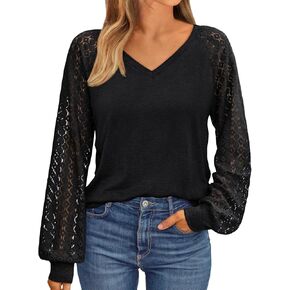 AUTOMET Womens Long Sleeve Shirts V-Neck Lace Tops Business Casual Blouses Trendy 2024 Fall Fashion Outfits Clothes