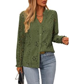 NALANISA Women's Fashion Long Sleeve Button Down Blouse Dressy Casual V Neck Eyelet Embroidery Hollow Out Tops Work Shirts