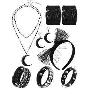 7 Pcs 80s Women Costume Accessories Leather Punk Bracelets Adjustable Black Cross Necklace Lace Headband Fishnet Gloves