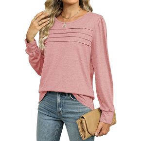 Fashionme Tunic Top For Women Puff Long Sleeve Crewneck Pleated Front T Shirts Dressy Casual Basic Tees
