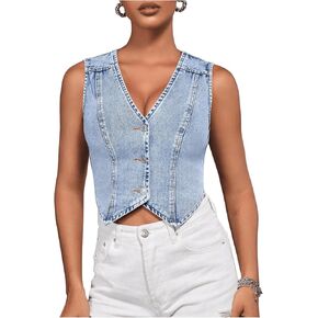 Verdusa Women's Denim Vest Button Up V Neck Sleeveless Jean Vest Top Corset Top Jean Crop Top