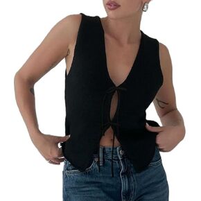 Women Y2k Crochet Vest Top Vintage Solid Color V Neck Sleeveless Front Tie Tops Going Out Tops