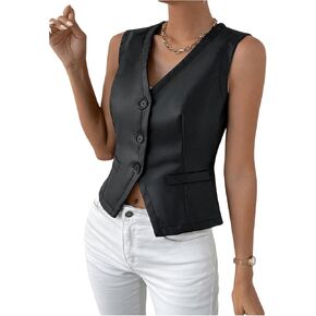 MakeMeChic Women's Vest Tops PU Leather Button Down V Neck Sleeveless Cropped Vest Blazer Waistcoat