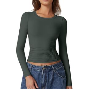 QINSEN Womens Crewneck Long Sleeve Shirt Double Lined Basic Tees Side Ruched Going Out Crop Tops