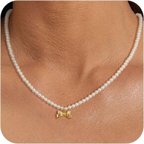 Bow Necklace for Women Dainty 14K Gold Necklace Cute Bow Pendant Choker Chain Necklace Trendy Small Tiny Pearl Bowknot Butterfly Necklace for Women Fashion Jewelry