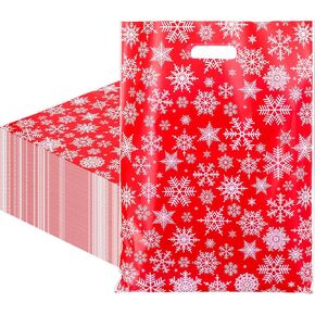 Honoson 300 Pieces Christmas Plastic Gift Bags Bulk 12 x 15 Inch Snowflake Merchandise Bags Xmas Reusable Goodie Treat Bags with Handle for Shopping Boutique Retail Christmas Party Favor Supplies