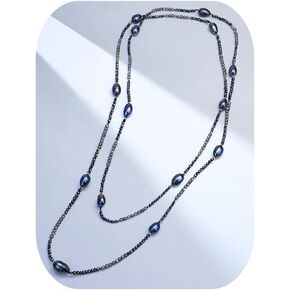 Long Beaded Necklaces for Women Boho,Womens Long Pearl Necklace Western Jewelry,Labradorite Gemstone Bead Necklace,Simple Black Pearl Strand Layered Necklace 55",Handmade Unique Gifts for Women