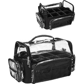 Makeup Brush Bag, Clear Makeup Brush Holder with Lid, Extra Large Capacity Travel Cosmetic Bag Makeup Artist Must Haves, Black Makeup Case, Make Up Organizers and Storage, with Adjustable Dividers