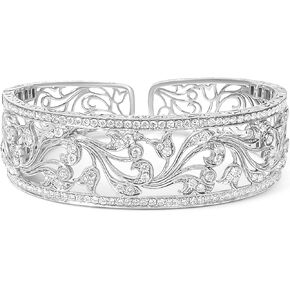 18K White Gold 3 1/4 Cttw Pave Diamond Openwork Floral Filigree Swirl Bangle Cuff Bracelet (H-I Color, VS2-SI1 Clarity)