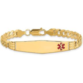 14K Solid Yellow Gold Medical Alert Curb Link Name Bar Identification ID Bracelet